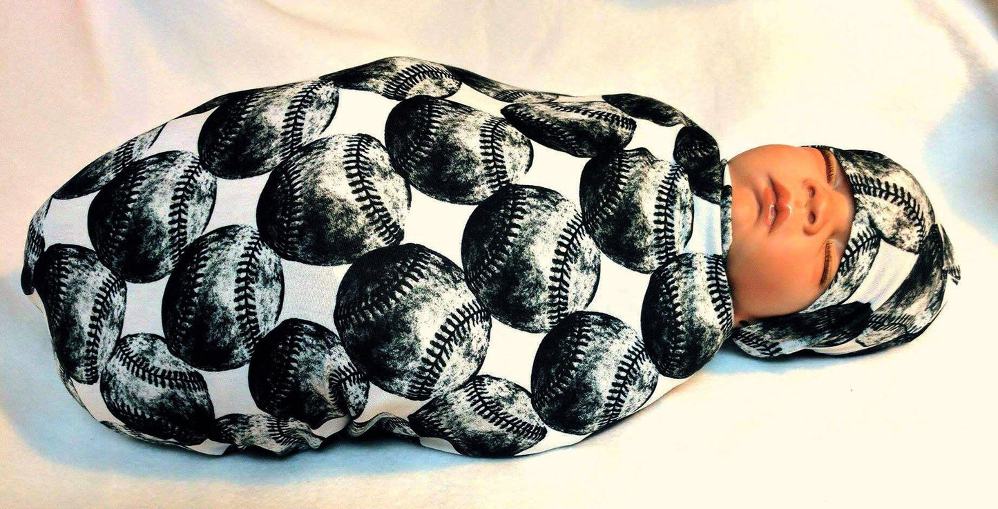Baseball Baby Swaddle + Hat or Headband,Sports Nursery,Black White Vintage,Receiving Blanket,That My Grandson,Baby Shower