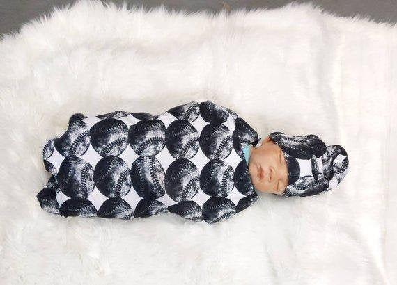 Baseball Baby Swaddle + Hat or Headband,Sports Nursery,Black White Vintage,Receiving Blanket,That My Grandson,Baby Shower