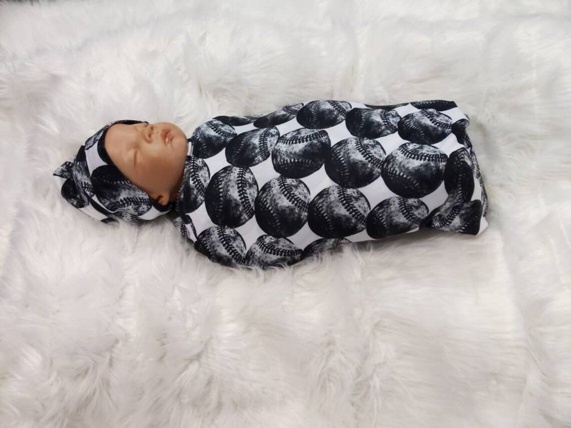 Baseball Baby Swaddle + Hat or Headband,Sports Nursery,Black White Vintage,Receiving Blanket,That My Grandson,Baby Shower