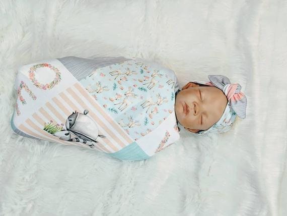 Green Leaves Baby Blanket, Eucalyptus & Sage Swaddle + Hat or Headband,Watercolor Nature Baby,Scandi Nursery,Foliage Greenery