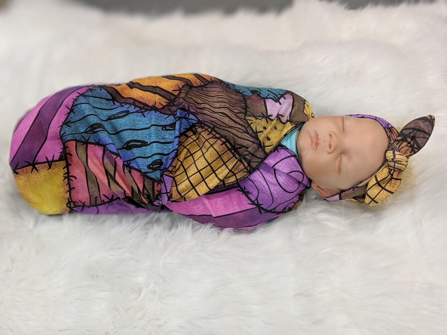 Goth Baby Swaddle Blanket + Matching Headband or Cuffed Beanie in Sally Rag Doll Scraps,Nightmare Goth Baby,Halloween Swaddle