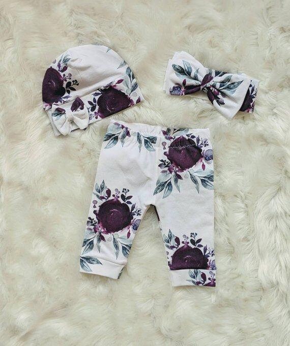 Baby Purple Floral Outfit,Custom Purple Bodysuit + Plum Purple Ice Floral Pant + Beanie or Bow Headband,Coming Home Outfit