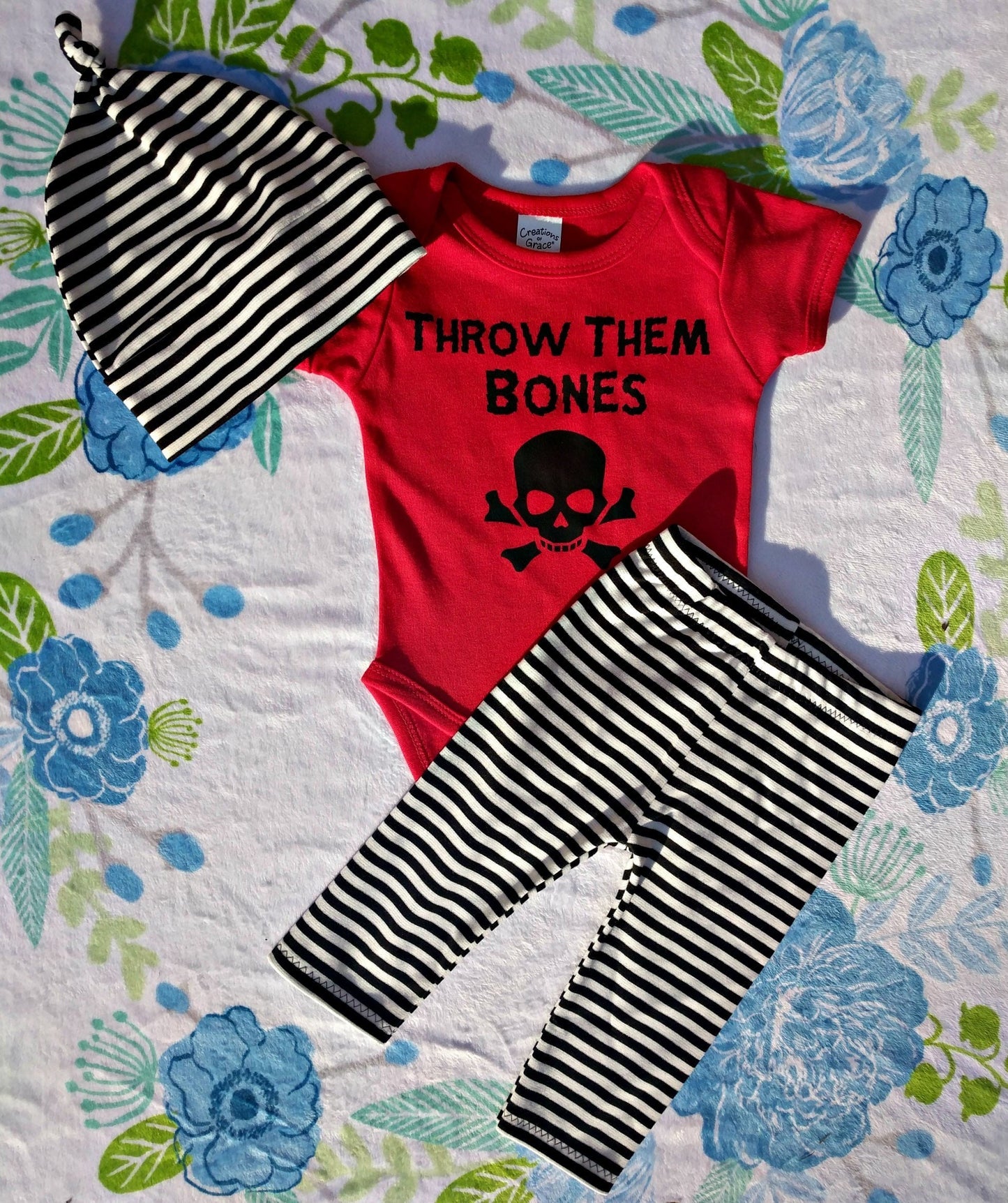 Kids Nebraska Outfit / Black White Stripe Joggers + Beanie or Headband + Throw Them Bones Bodysuit or Tee,Handmade Baby Gift,Toddler Neb