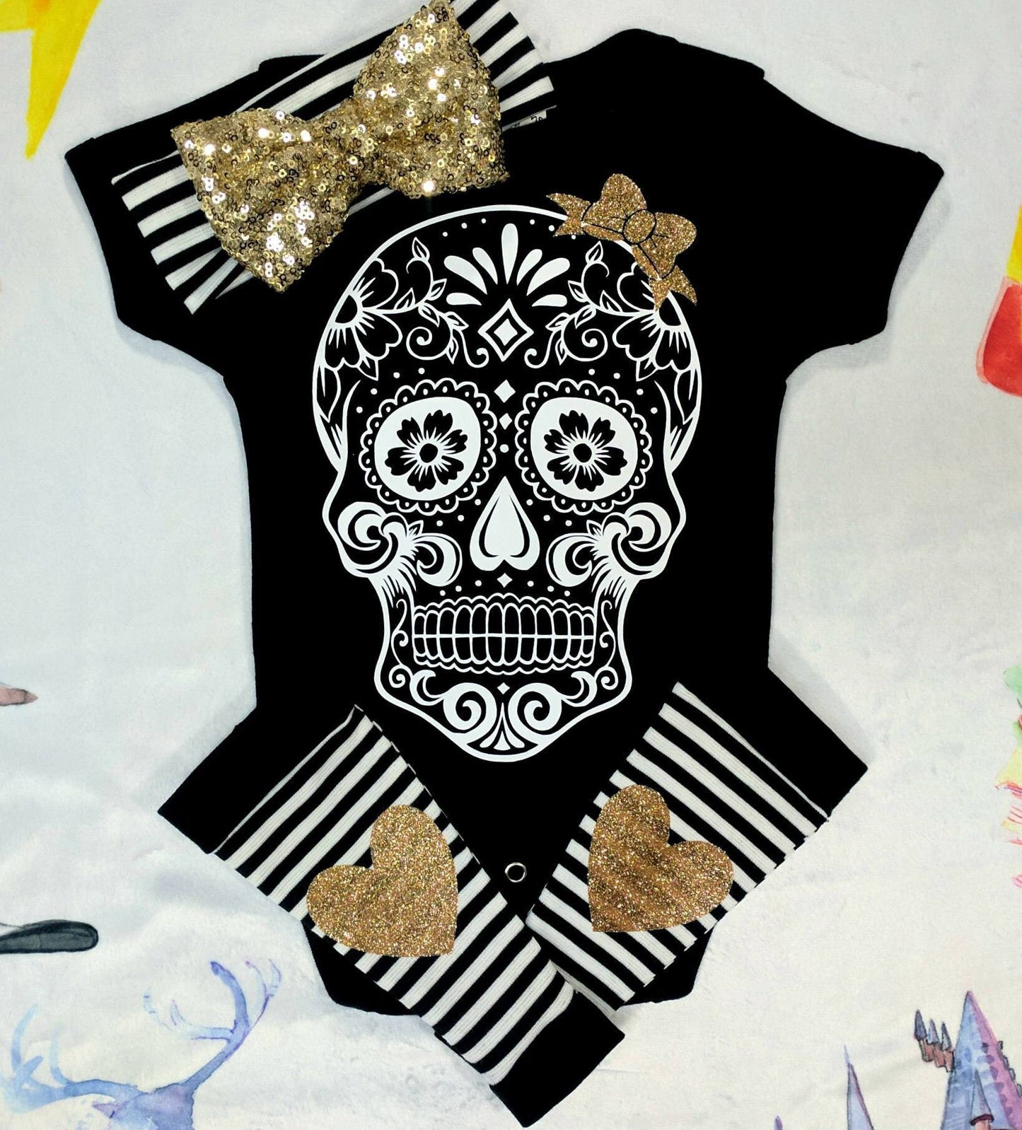 Sugar Skull Baby Outfit,Skull Bodysuit + Baby Leg Warmers with Heart Knee Patches & Gold Sequin Bow Band,Goth Baby