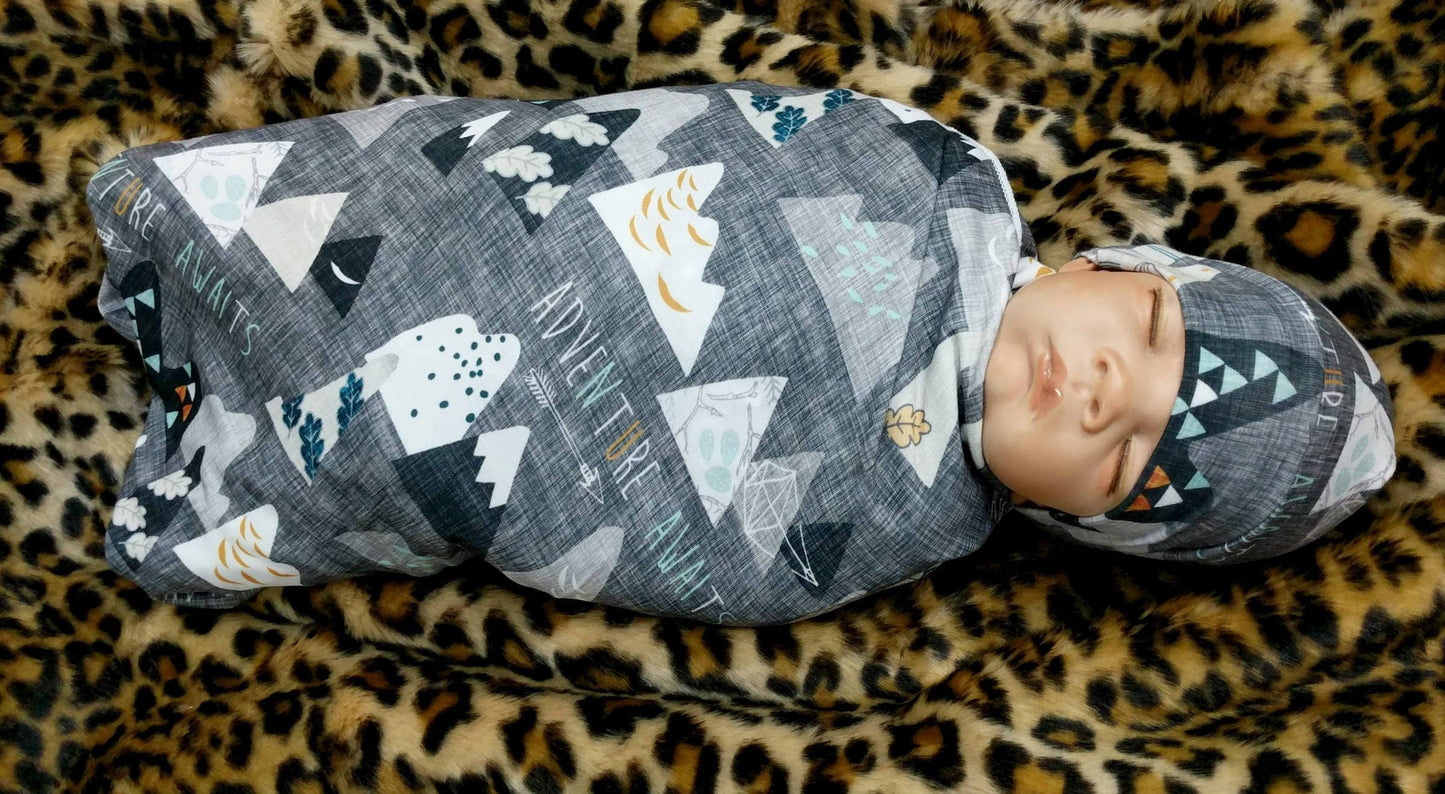 Baby Girls Adventure Swaddle, Plum Mauve Gray Snowy Mountain Swaddle Blanket + Hat or Band
