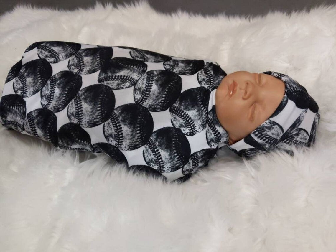 Baseball Baby Swaddle + Hat or Headband,Sports Nursery,Black White Vintage,Receiving Blanket,That My Grandson,Baby Shower