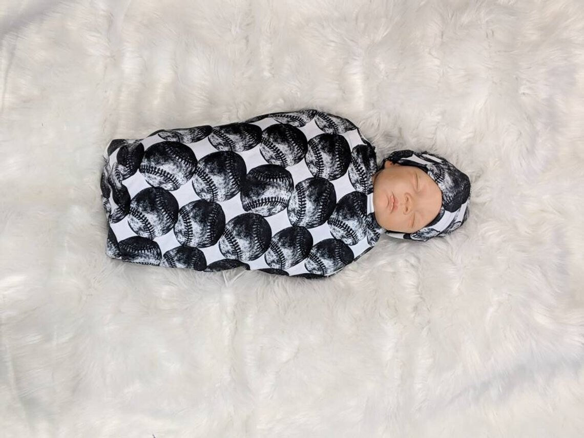 Baseball Baby Swaddle + Hat or Headband,Sports Nursery,Black White Vintage,Receiving Blanket,That My Grandson,Baby Shower