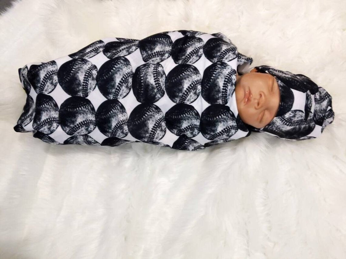 Baseball Baby Swaddle + Hat or Headband,Sports Nursery,Black White Vintage,Receiving Blanket,That My Grandson,Baby Shower