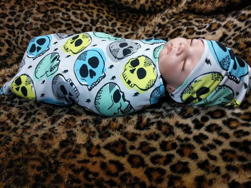 Skull Baby Blanket Set - Ocean Tones Swaddle Hat Band and Candy Skull Design - Goth Baby Essentials for Newborns