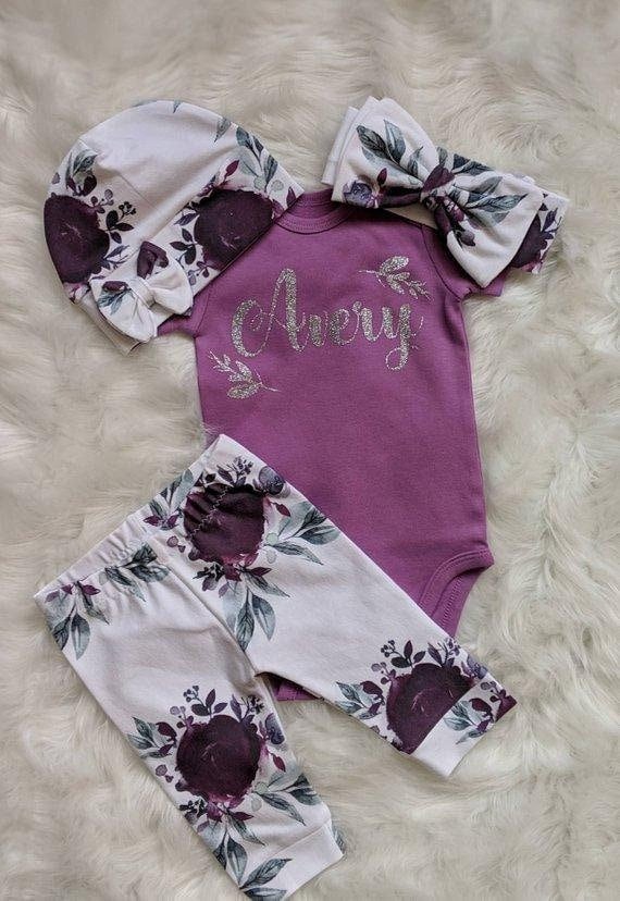 Baby Purple Floral Outfit,Custom Purple Bodysuit + Plum Purple Ice Floral Pant + Beanie or Bow Headband,Coming Home Outfit