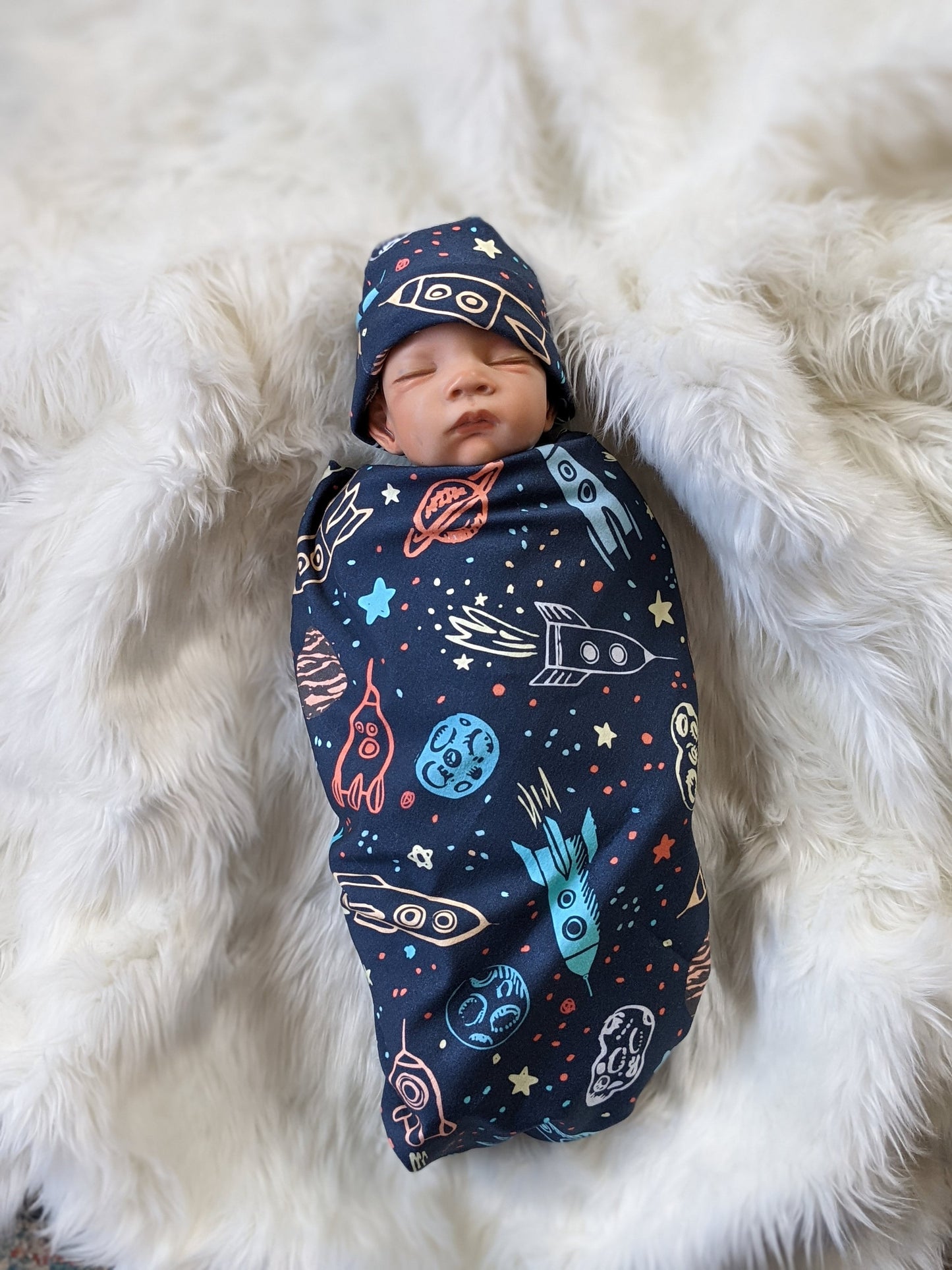 Outer Space Baby Blanket + Matching at or Headband in Navy Blue,LG Stretch,Planet Swaddle,Moon Star Newborn