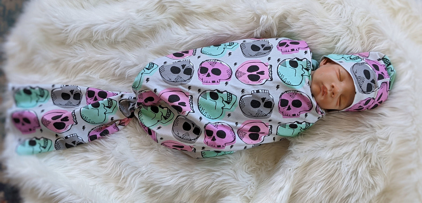 Candy Skull Baby Blanket, Girl Skulls in Pink Mint Baby Swaddle Blanket + matching Hat or Headband,Goth Baby