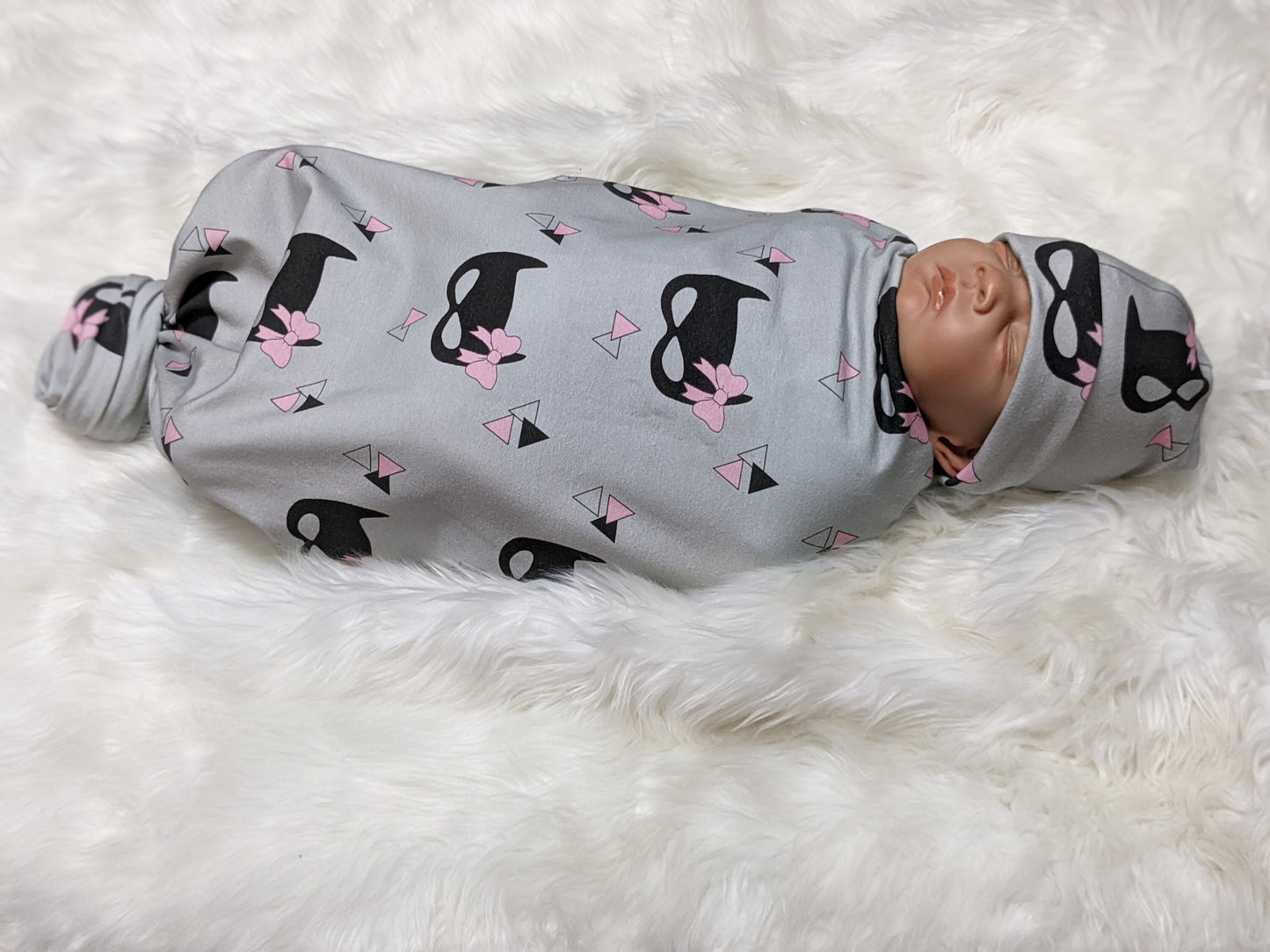 Bat Mask with Bow Baby Blanket + Hat or Headband,Black on Gray LG Knit