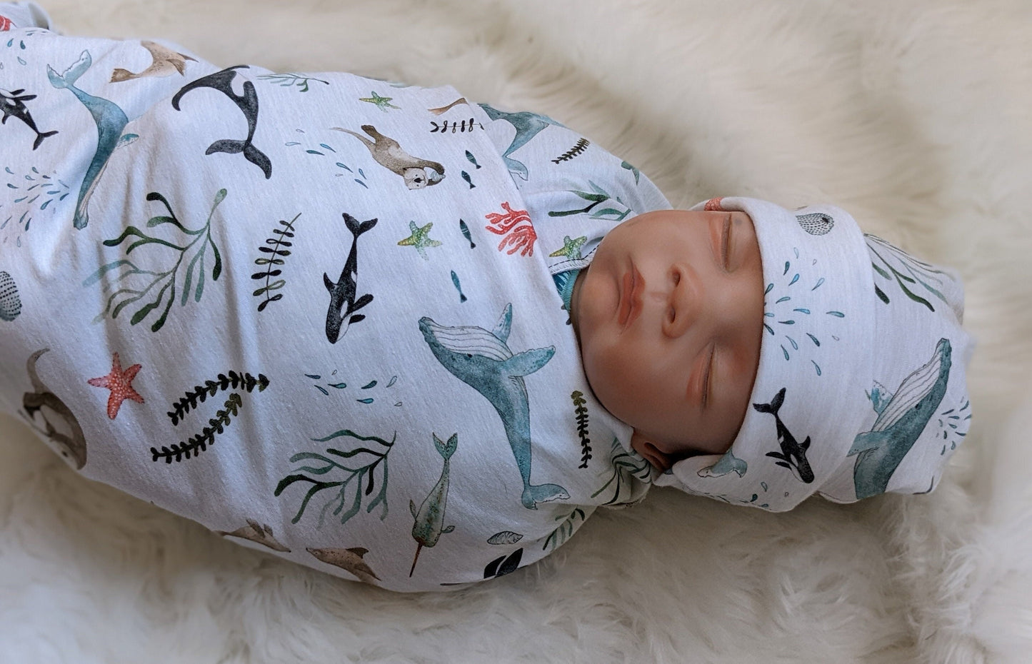 Ocean Swaddle + Band or Beanie,Watercolor Whale Shark Swaddle,Under the Sea,Nautical Newborn,Nature Inspiration,Blue Teal