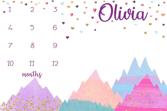 Pink Purple Mountain Baby Milestone Blanket,Custom Name,Minky Fleece
