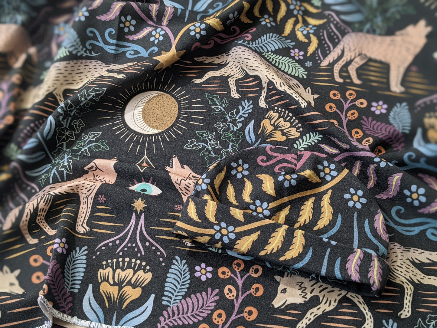 Witchy Baby Blanket - Howlin Prowlin Swaddle and Hat Set for Emo Babies featuring Wolves Full Moon and Whimsigoth elements