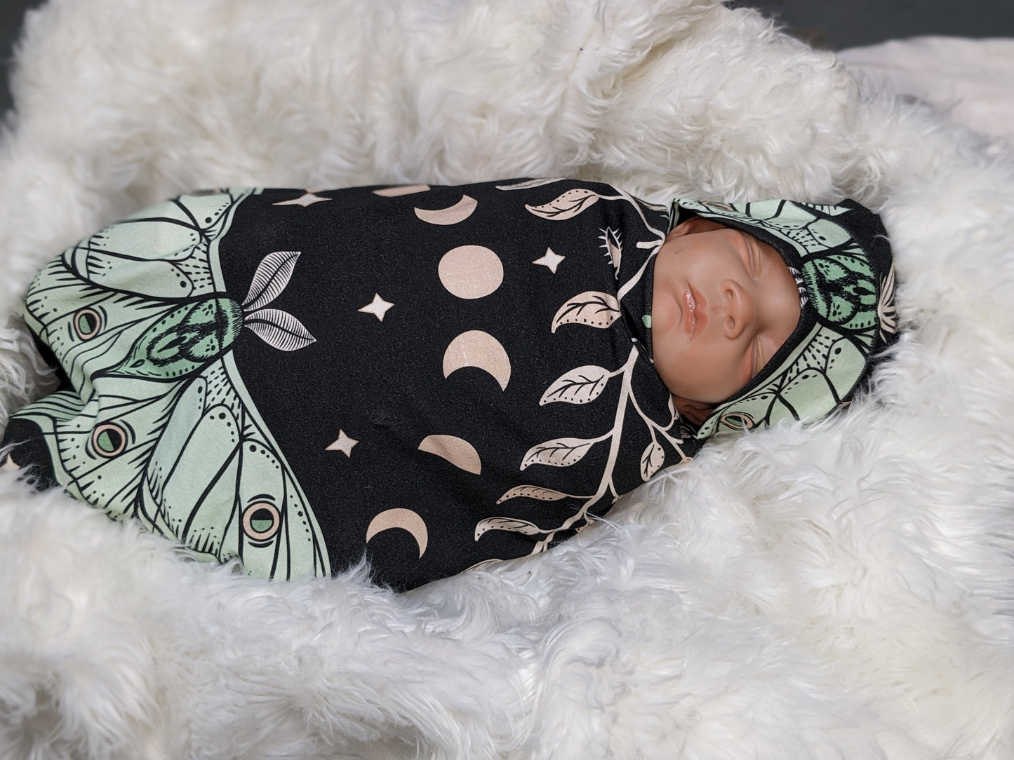 Witchy Baby Blanket Band or Hat Luna Moth and Moon Phase Botanical Swaddle