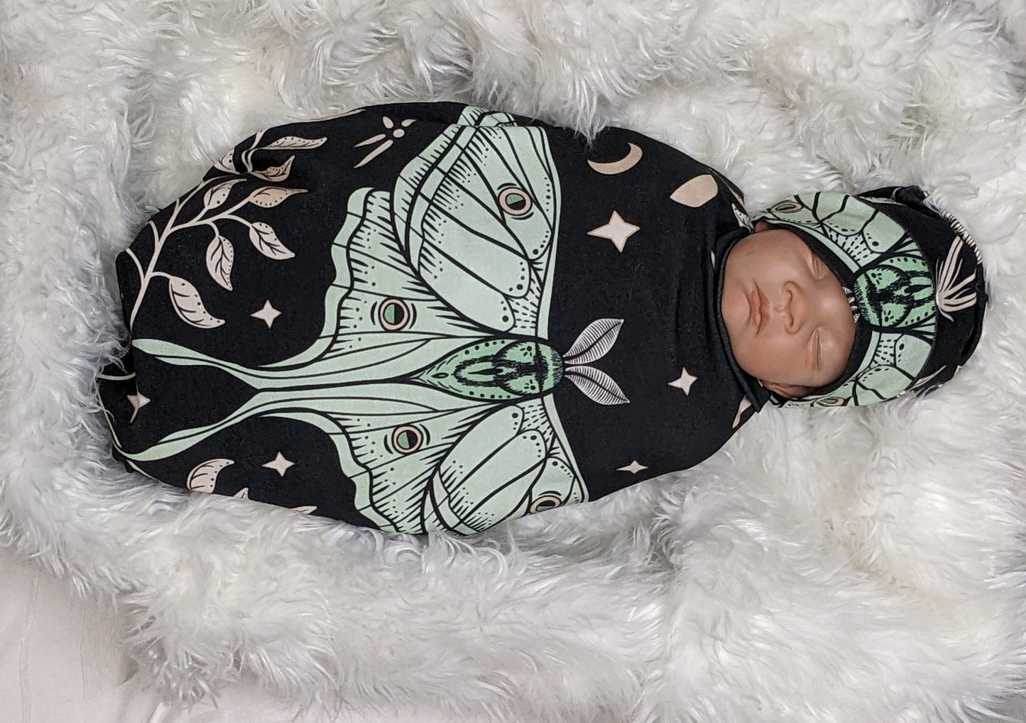 Witchy Baby Blanket Band or Hat Luna Moth and Moon Phase Botanical Swaddle