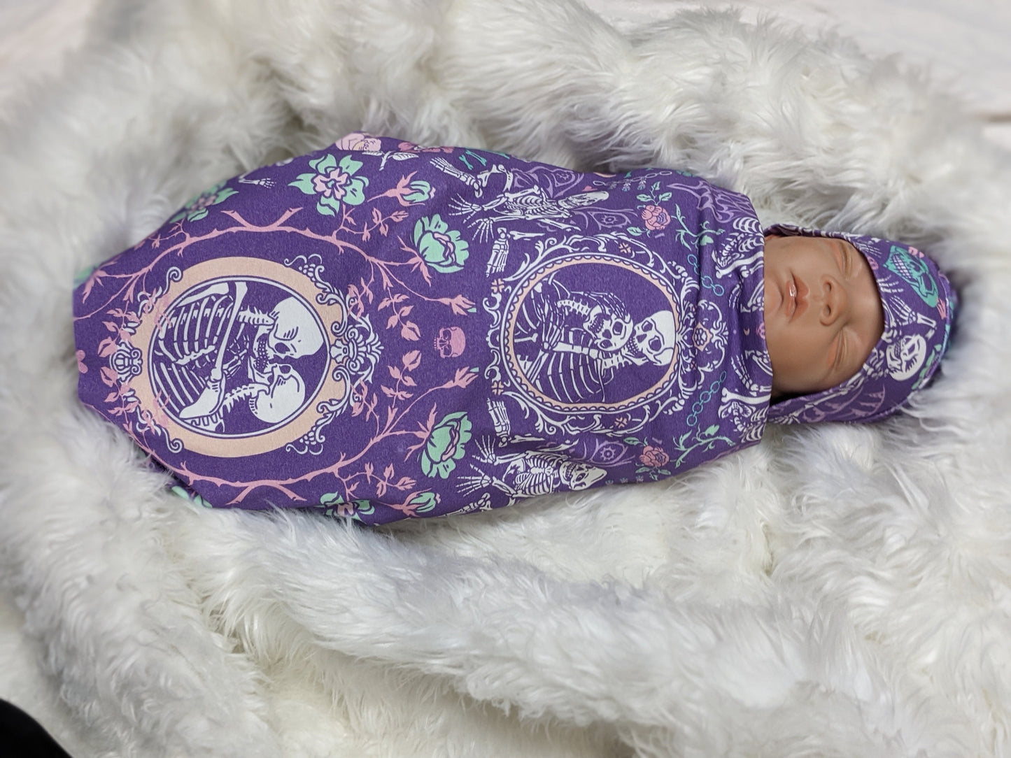 Pastel Goth Baby Swaddle + Hat or Band,Goth Baby Clothes,Bat in purple Teal Newborn Witchy Wrap,Skull Baby Blanket- 1 ONLY FLASH SALE