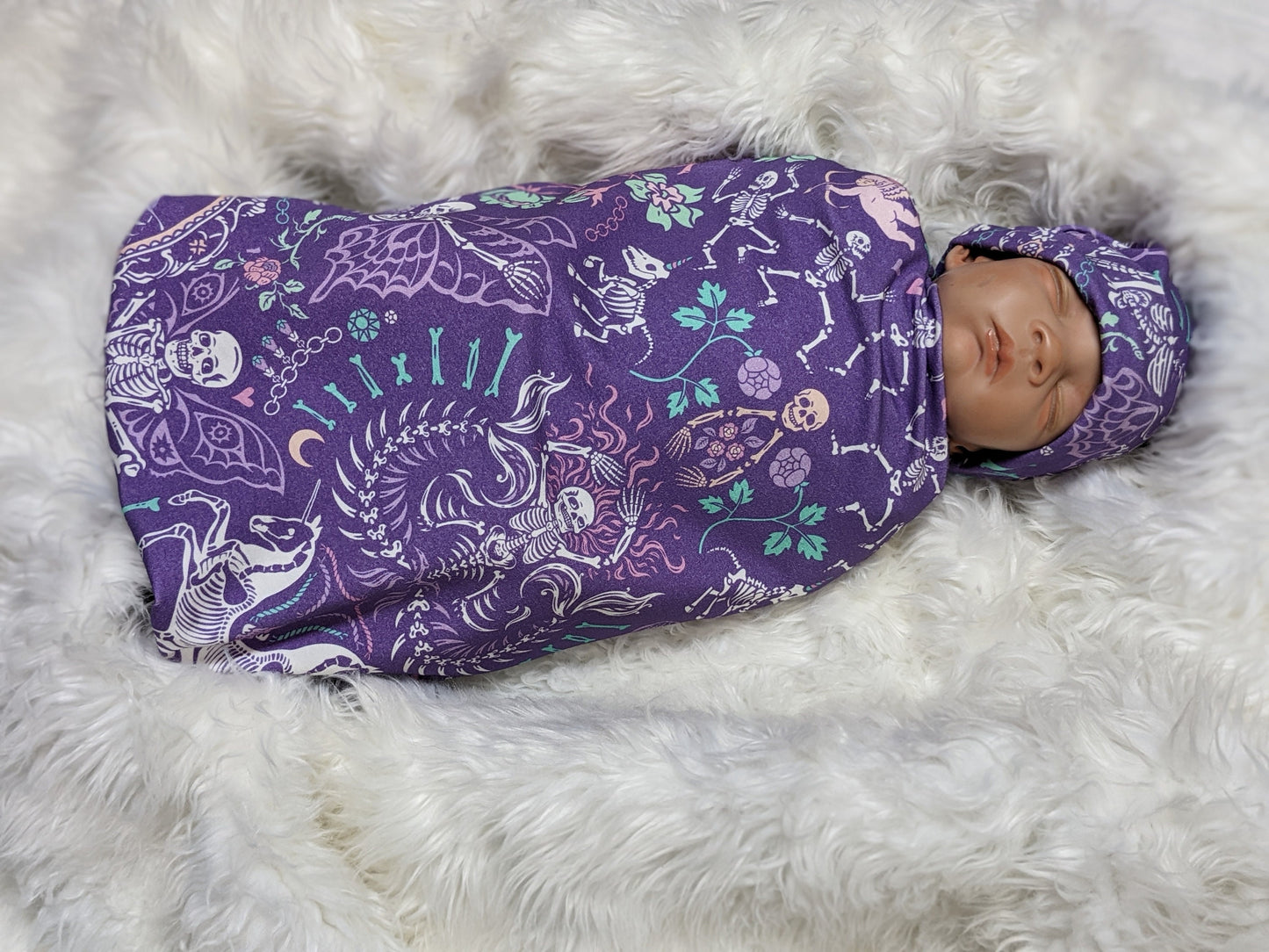 Pastel Goth Baby Swaddle + Hat or Band,Goth Baby Clothes,Bat in purple Teal Newborn Witchy Wrap,Skull Baby Blanket- 1 ONLY FLASH SALE