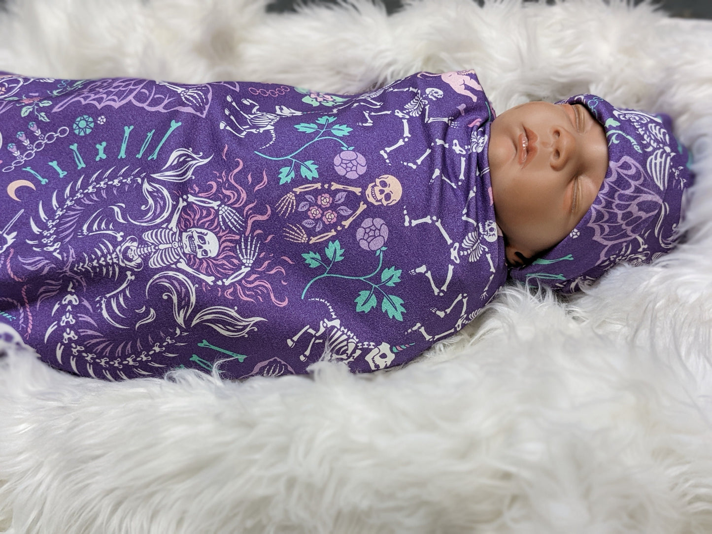 Pastel Goth Baby Swaddle + Hat or Band,Goth Baby Clothes,Bat in purple Teal Newborn Witchy Wrap,Skull Baby Blanket- 1 ONLY FLASH SALE