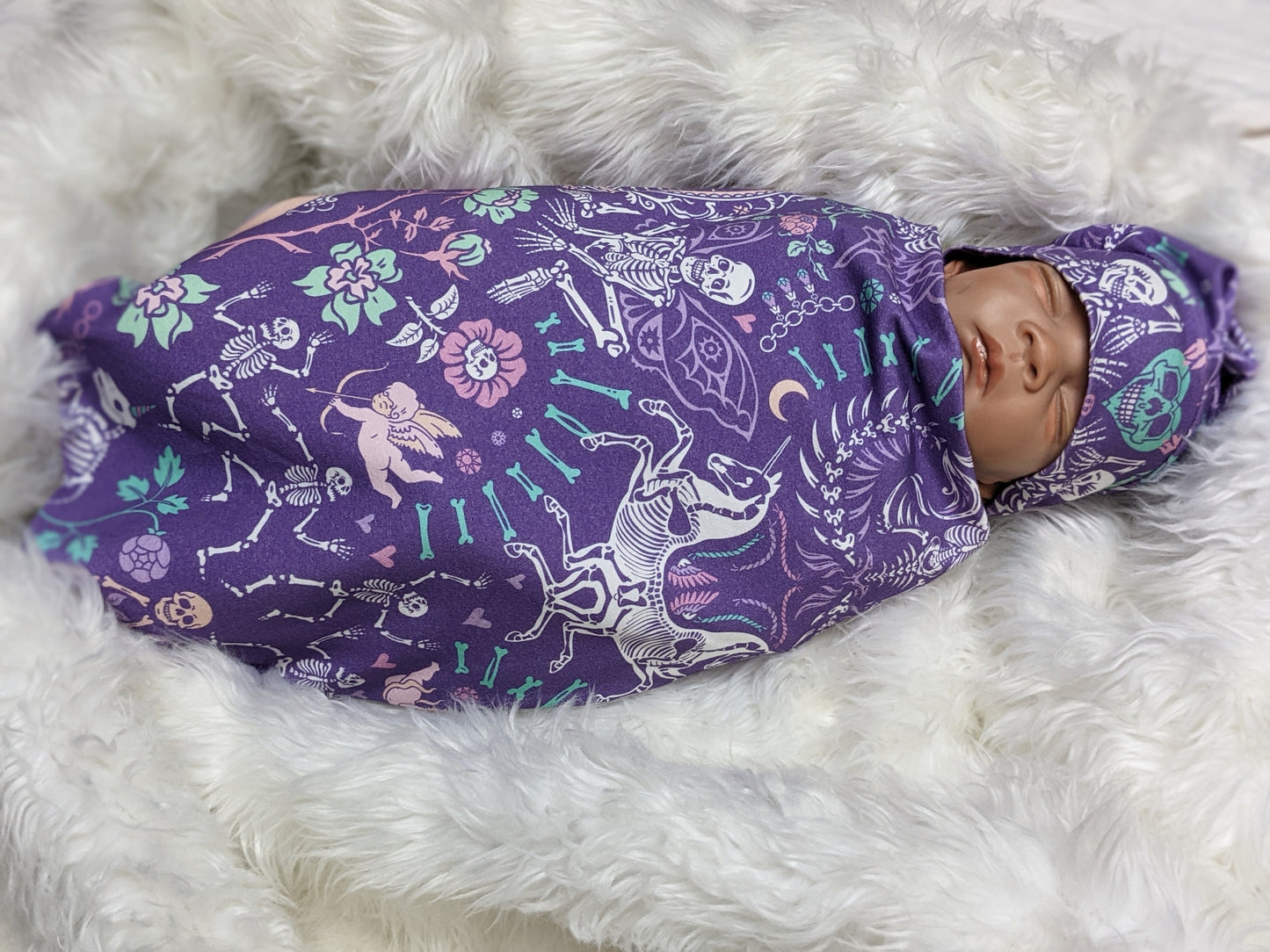 Pastel Goth Baby Swaddle + Hat or Band,Goth Baby Clothes,Bat in purple Teal Newborn Witchy Wrap,Skull Baby Blanket- 1 ONLY FLASH SALE