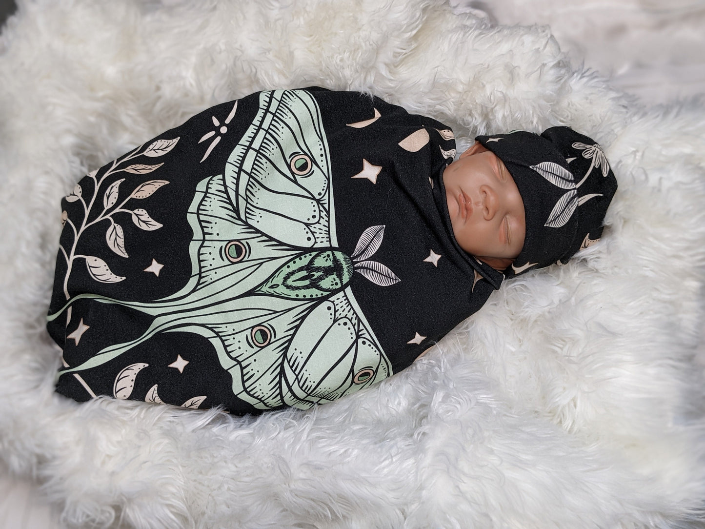 Witchy Baby Blanket Band or Hat Luna Moth and Moon Phase Botanical Swaddle