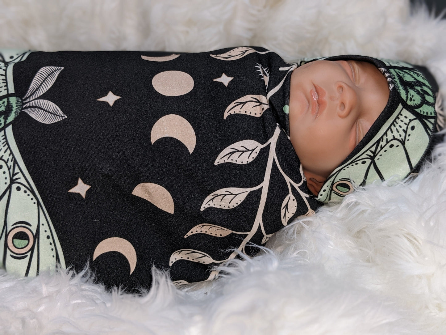 Witchy Baby Blanket Band or Hat Luna Moth and Moon Phase Botanical Swaddle