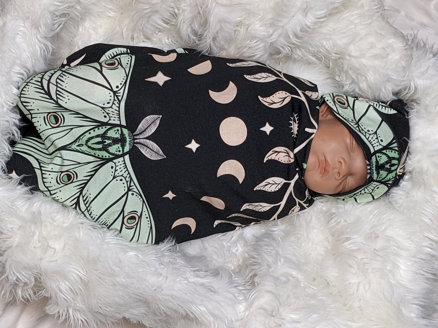 Witchy Baby Blanket Band or Hat Luna Moth and Moon Phase Botanical Swaddle