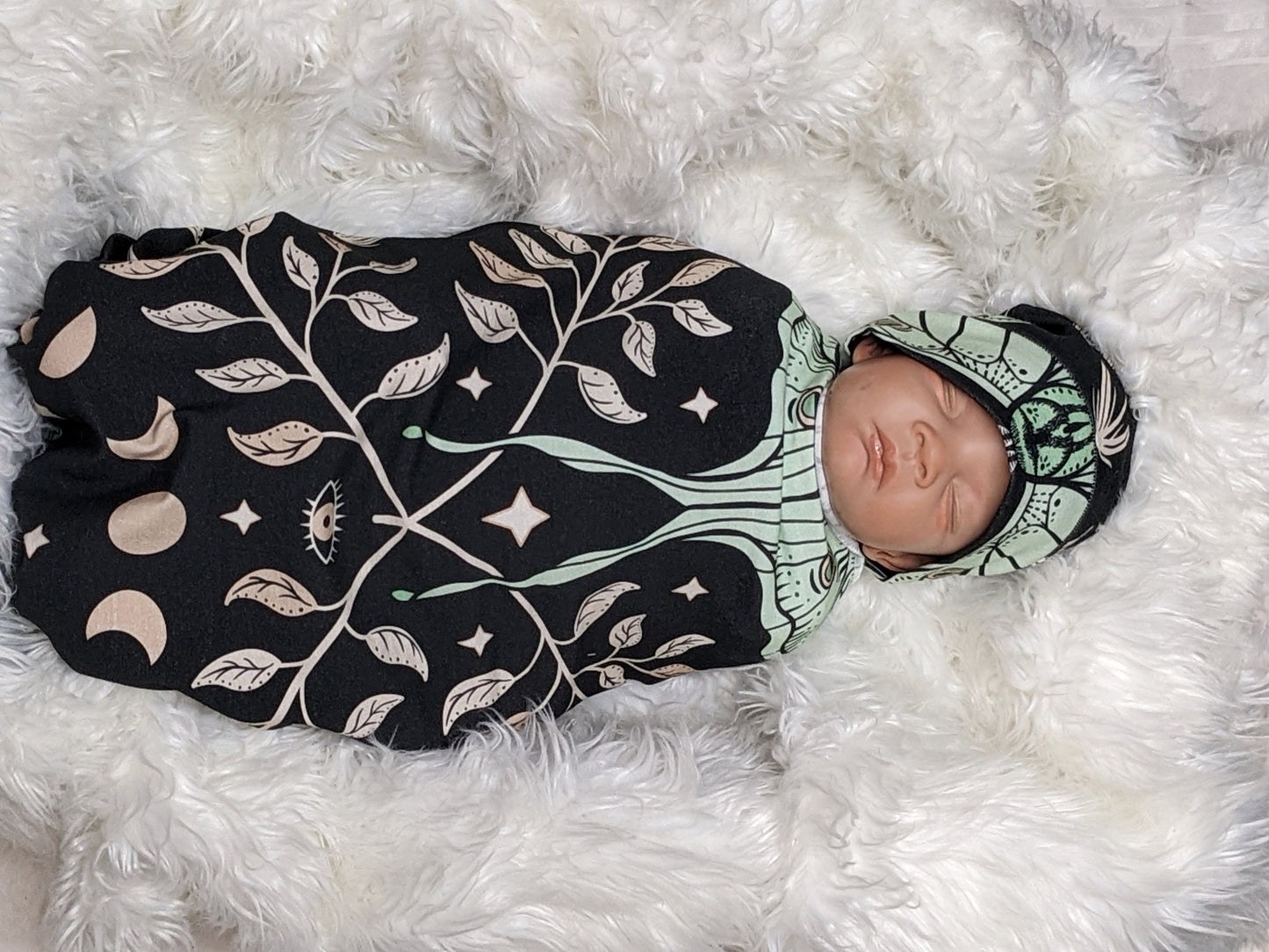Witchy Baby Blanket Band or Hat Luna Moth and Moon Phase Botanical Swaddle