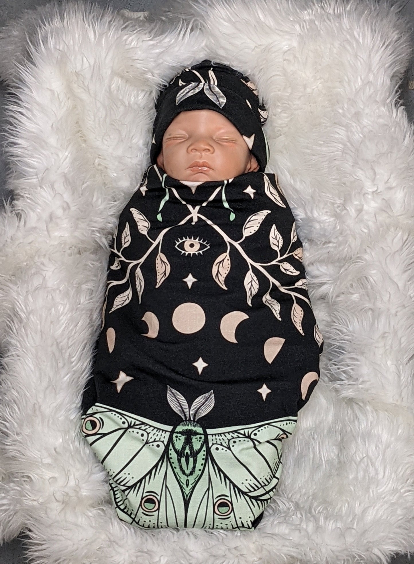 Witchy Baby Blanket Band or Hat Luna Moth and Moon Phase Botanical Swaddle