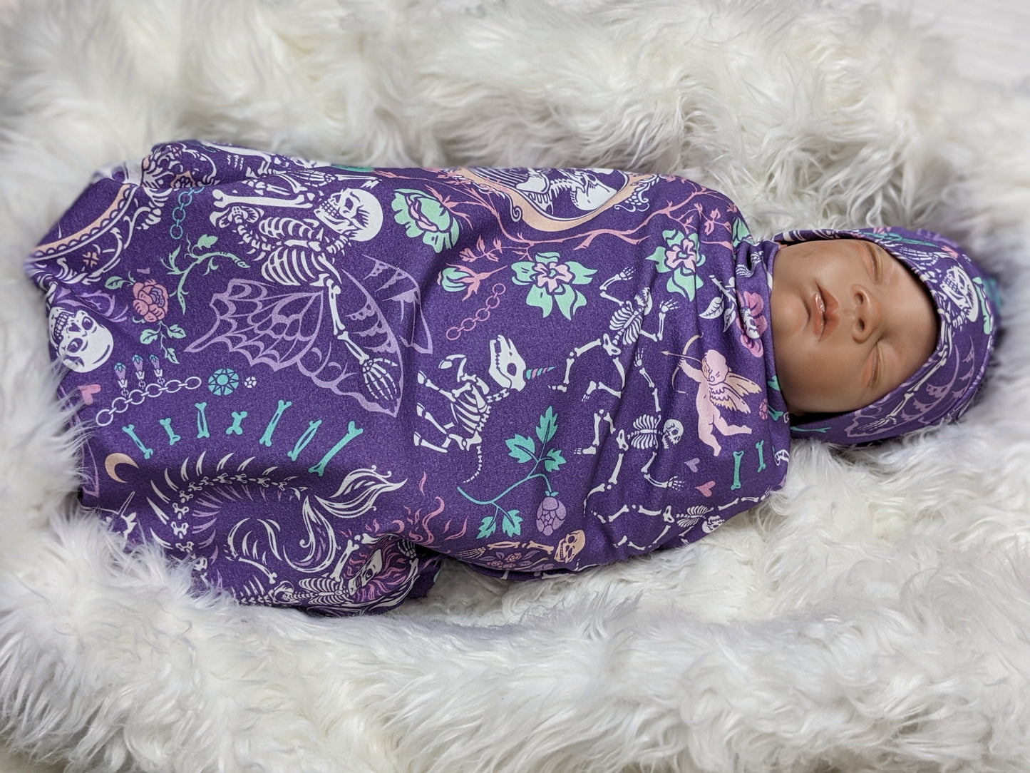 Pastel Goth Baby Swaddle + Hat or Band,Goth Baby Clothes,Bat in purple Teal Newborn Witchy Wrap,Skull Baby Blanket- 1 ONLY FLASH SALE
