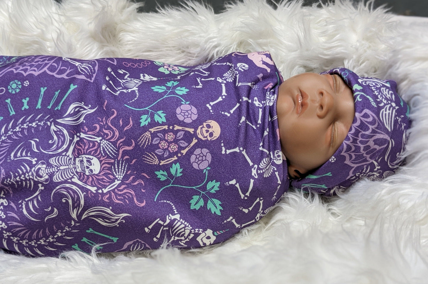 Pastel Goth Baby Swaddle + Hat or Band,Goth Baby Clothes,Bat in purple Teal Newborn Witchy Wrap,Skull Baby Blanket- 1 ONLY FLASH SALE