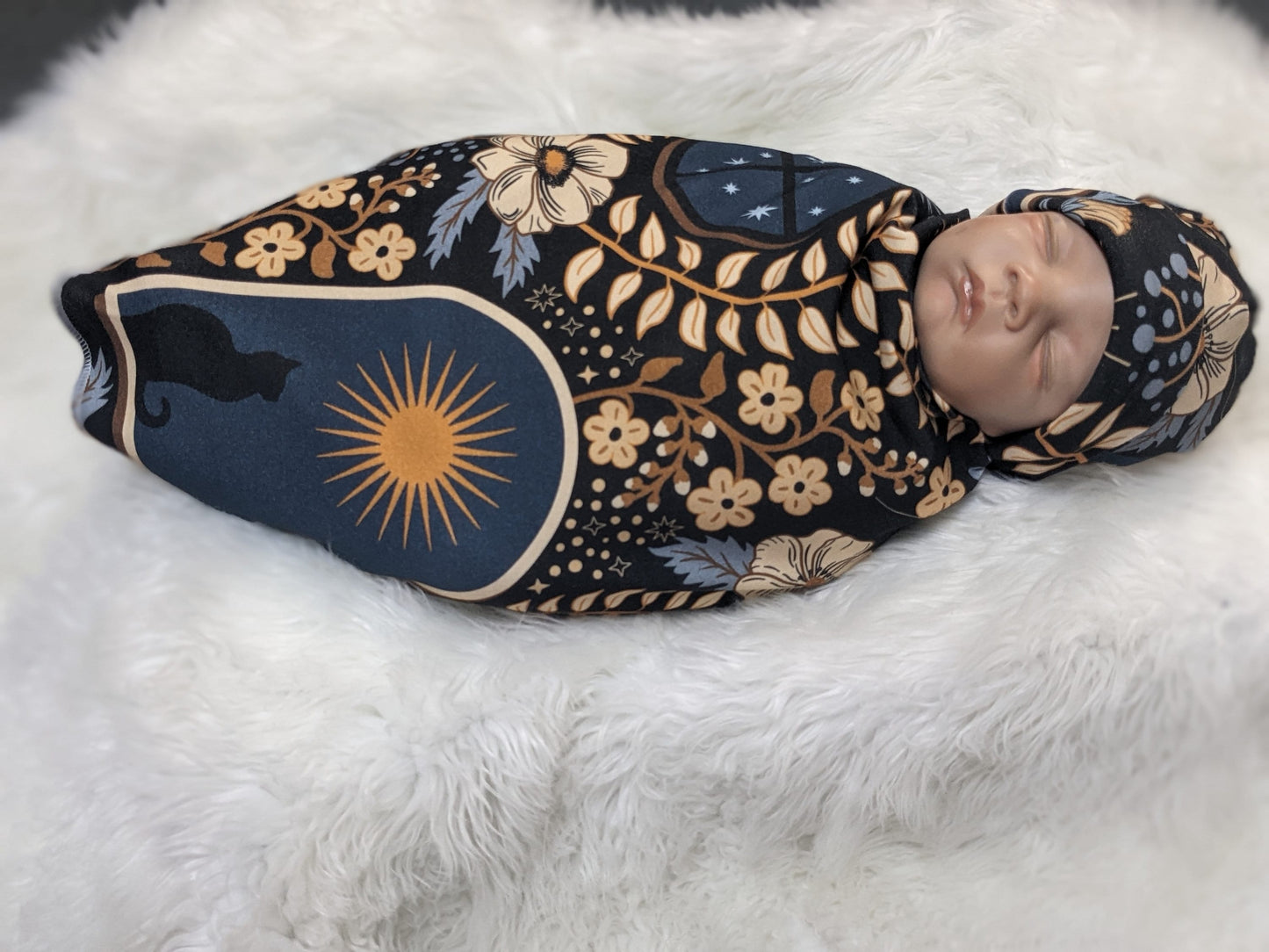 Whimsigoth Gothic Night Swaddle Blanket Band or Hat - Cozy Lights Witchy Baby Carriers Wraps Black Cat All Seeing Eye Emo Baby