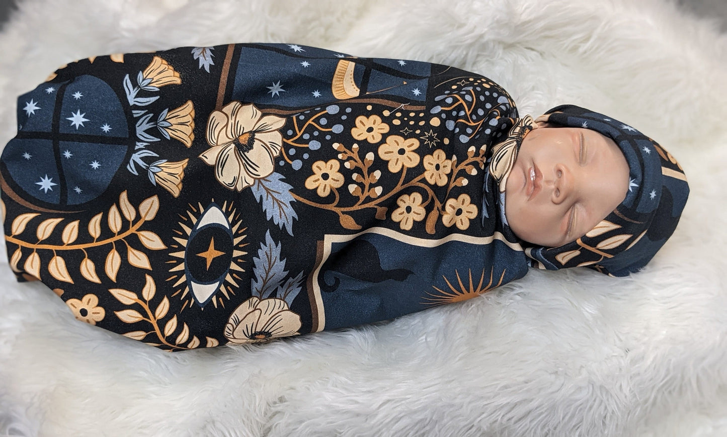 Whimsigoth Gothic Night Swaddle Blanket Band or Hat - Cozy Lights Witchy Baby Carriers Wraps Black Cat All Seeing Eye Emo Baby