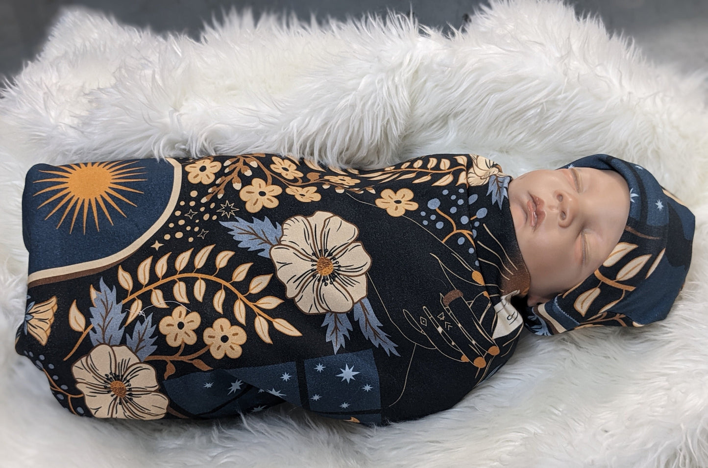 Whimsigoth Gothic Night Swaddle Blanket Band or Hat - Cozy Lights Witchy Baby Carriers Wraps Black Cat All Seeing Eye Emo Baby