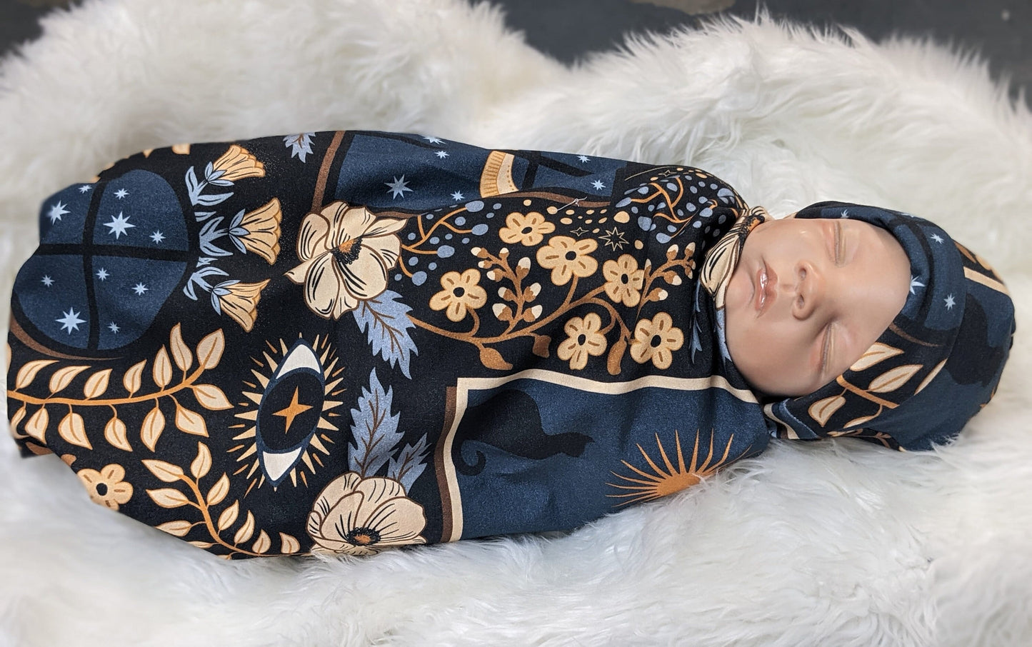 Whimsigoth Gothic Night Swaddle Blanket Band or Hat - Cozy Lights Witchy Baby Carriers Wraps Black Cat All Seeing Eye Emo Baby