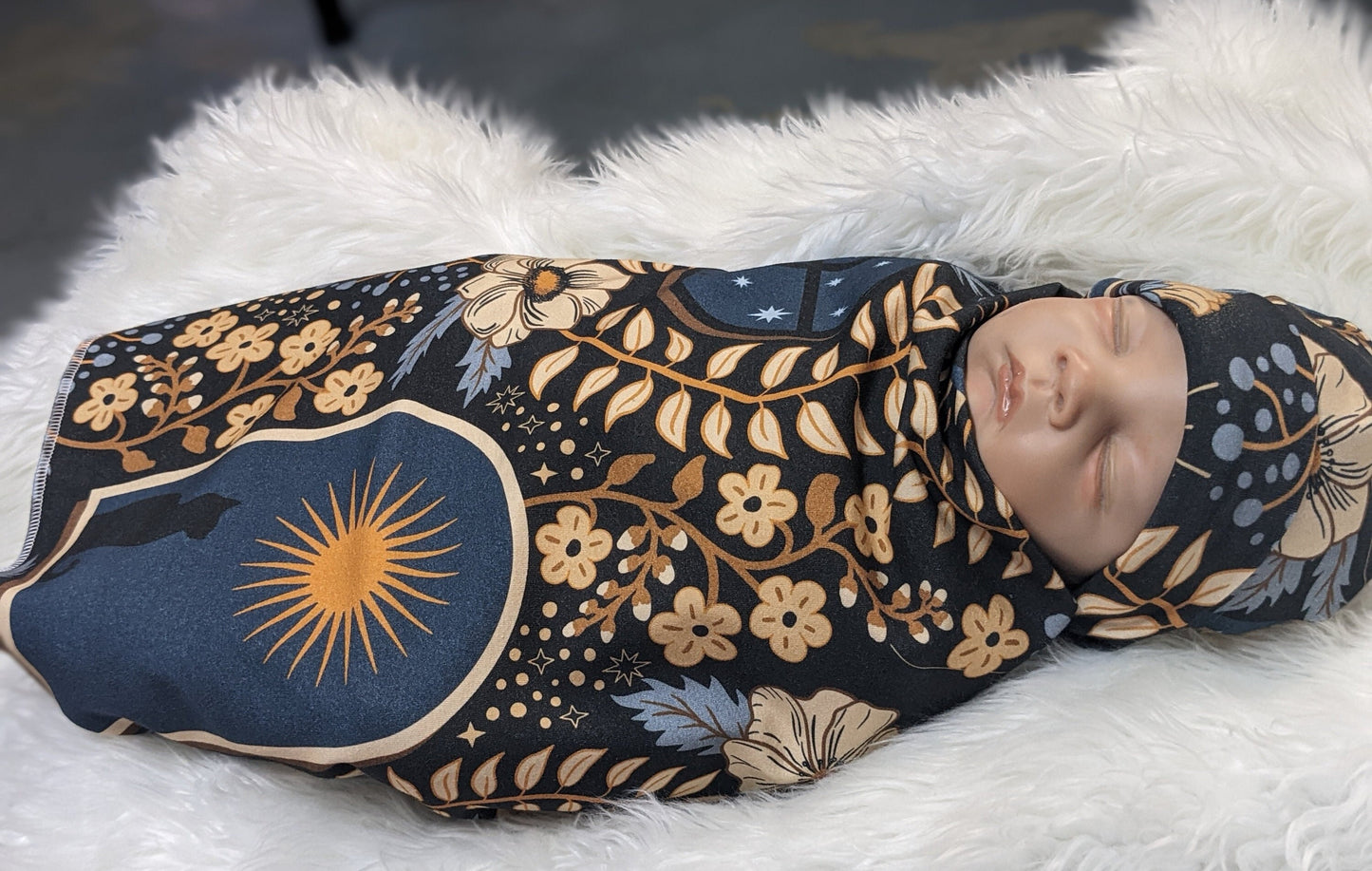 Whimsigoth Gothic Night Swaddle Blanket Band or Hat - Cozy Lights Witchy Baby Carriers Wraps Black Cat All Seeing Eye Emo Baby