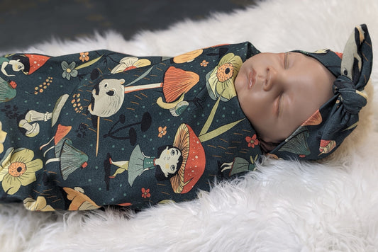 Mushroom Baby Set,New Baby Gift,Emerald Green Swaddle + Hat  Band,Cottagecore Nursery,Hippie Baby Clothes,Woodland,Fantasy Fairy Mouse