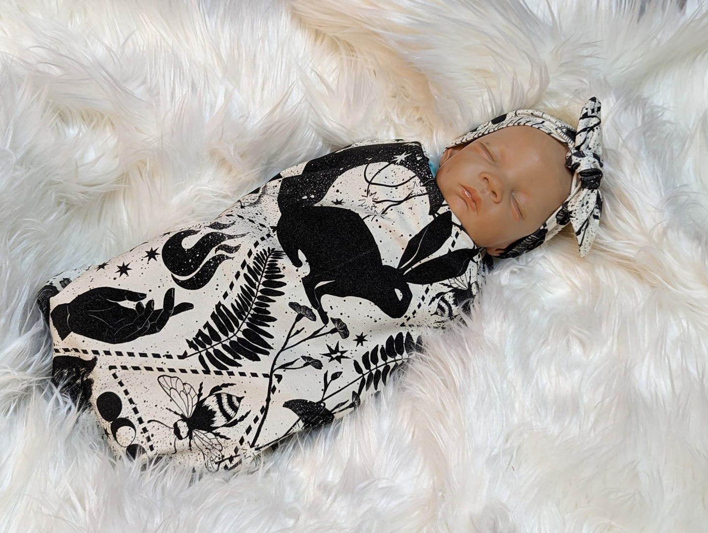 Fantasy Nursery Black White Witchy Baby Swaddle Hat Set with Bunny Bee and Crescent Moon Designs