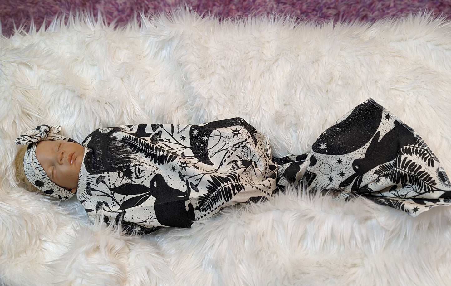 Fantasy Nursery Black White Witchy Baby Swaddle Hat Set with Bunny Bee and Crescent Moon Designs