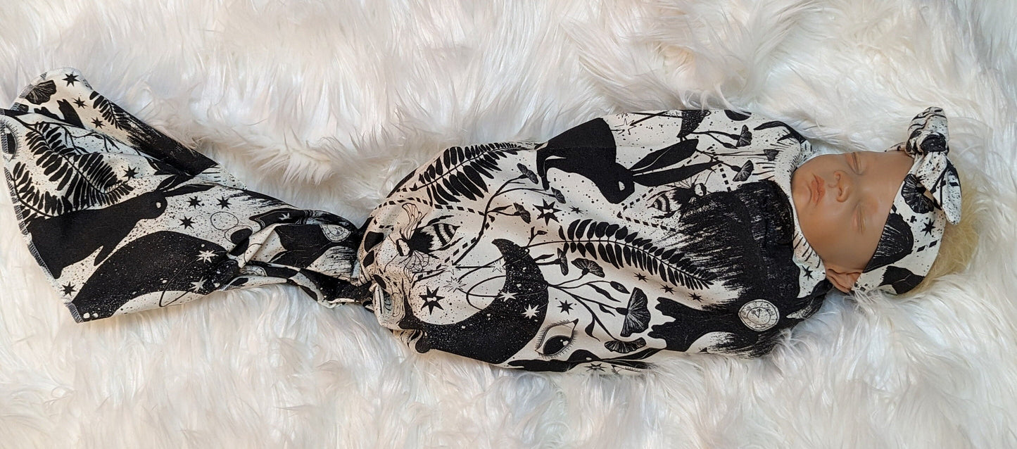 Fantasy Nursery Black White Witchy Baby Swaddle Hat Set with Bunny Bee and Crescent Moon Designs