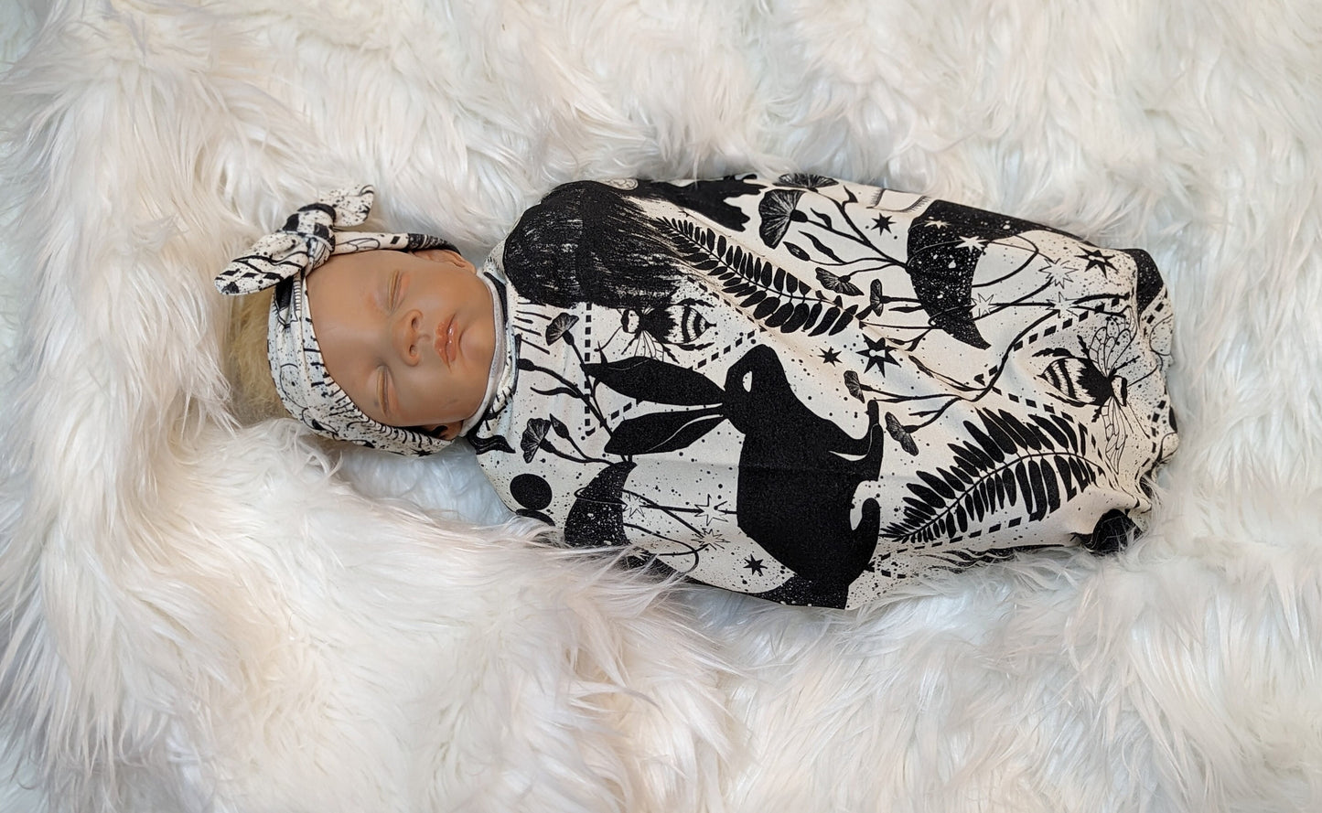 Fantasy Nursery Black White Witchy Baby Swaddle Hat Set with Bunny Bee and Crescent Moon Designs