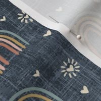 Boho Rainbow Baby Swaddle,Hippie Baby,Muted Blue Hearts,Modern Boho Baby Nursery,Newborn Baby Wrap Hat,Earth Tones Rainbow Decor