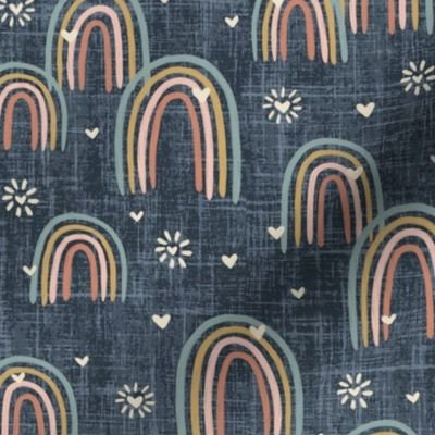 Boho Rainbow Baby Swaddle,Hippie Baby,Muted Blue Hearts,Modern Boho Baby Nursery,Newborn Baby Wrap Hat,Earth Tones Rainbow Decor