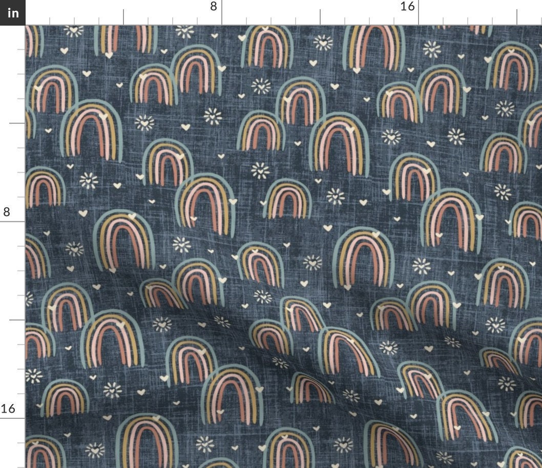 Boho Rainbow Baby Swaddle,Hippie Baby,Muted Blue Hearts,Modern Boho Baby Nursery,Newborn Baby Wrap Hat,Earth Tones Rainbow Decor