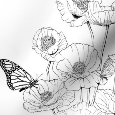 Black White Poppies and Butterflies Swaddle Blanket with Bow or Band - Floral Baby Blanket in Retro Style - Nature-Inspired