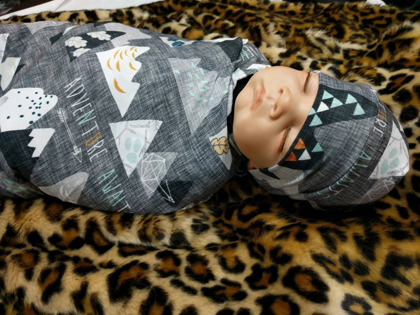 Adventure Awaits Mountain Baby Blanket + Matching Hat or Headband in Charcoal Gray,Outdoorsy,Whimsy
