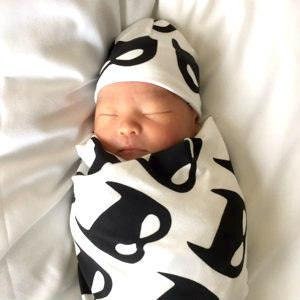 Bat Mask Baby Blanket Set, Black Bat on White Blanket + Cuffed Beanie or Headband,Super Hero Baby