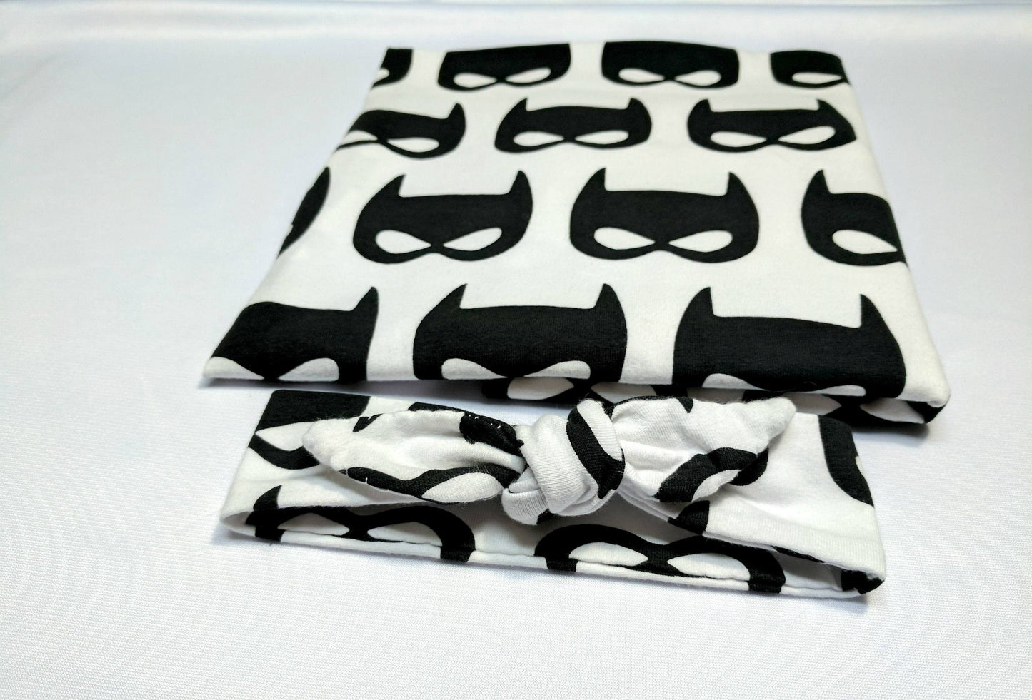 Bat Mask Baby Blanket Set, Black Bat on White Blanket + Cuffed Beanie or Headband,Super Hero Baby